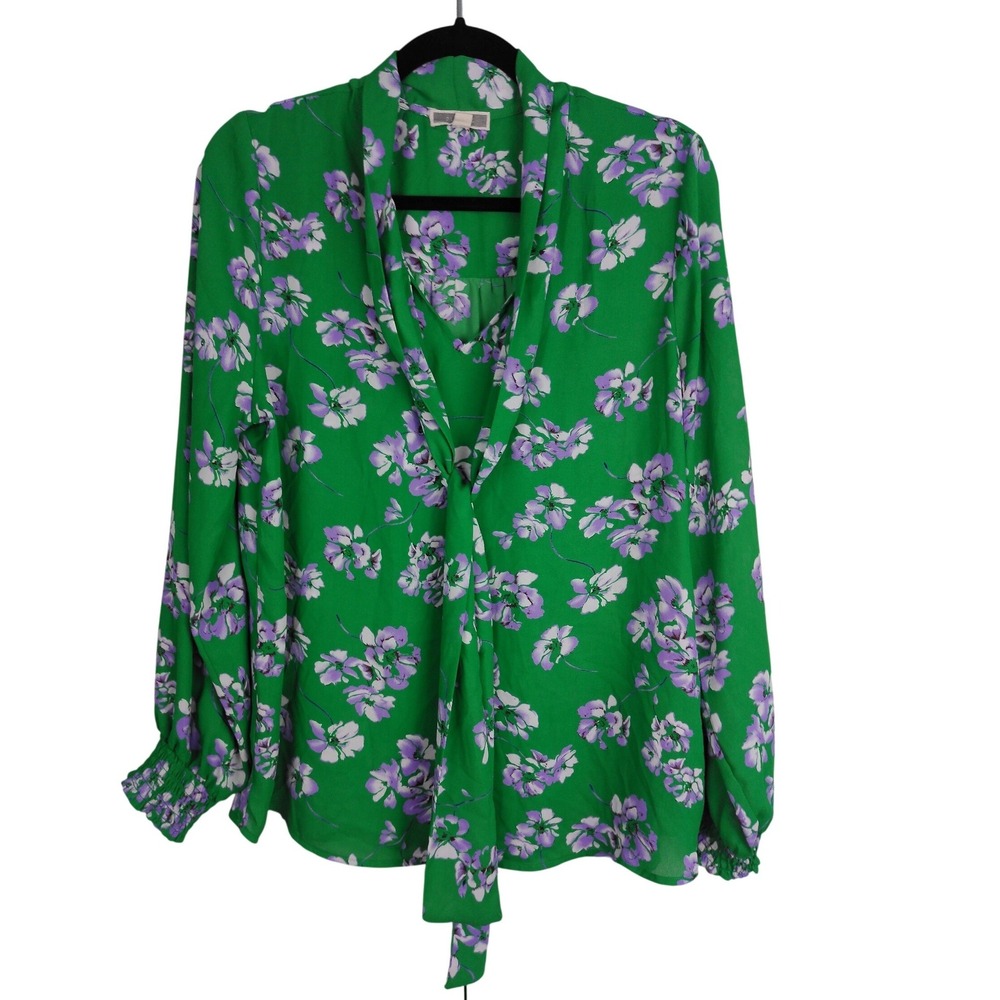 Pleione Green Floral Tie Neck Blouse Size Large Smocked Cuff Long Sleeve Top